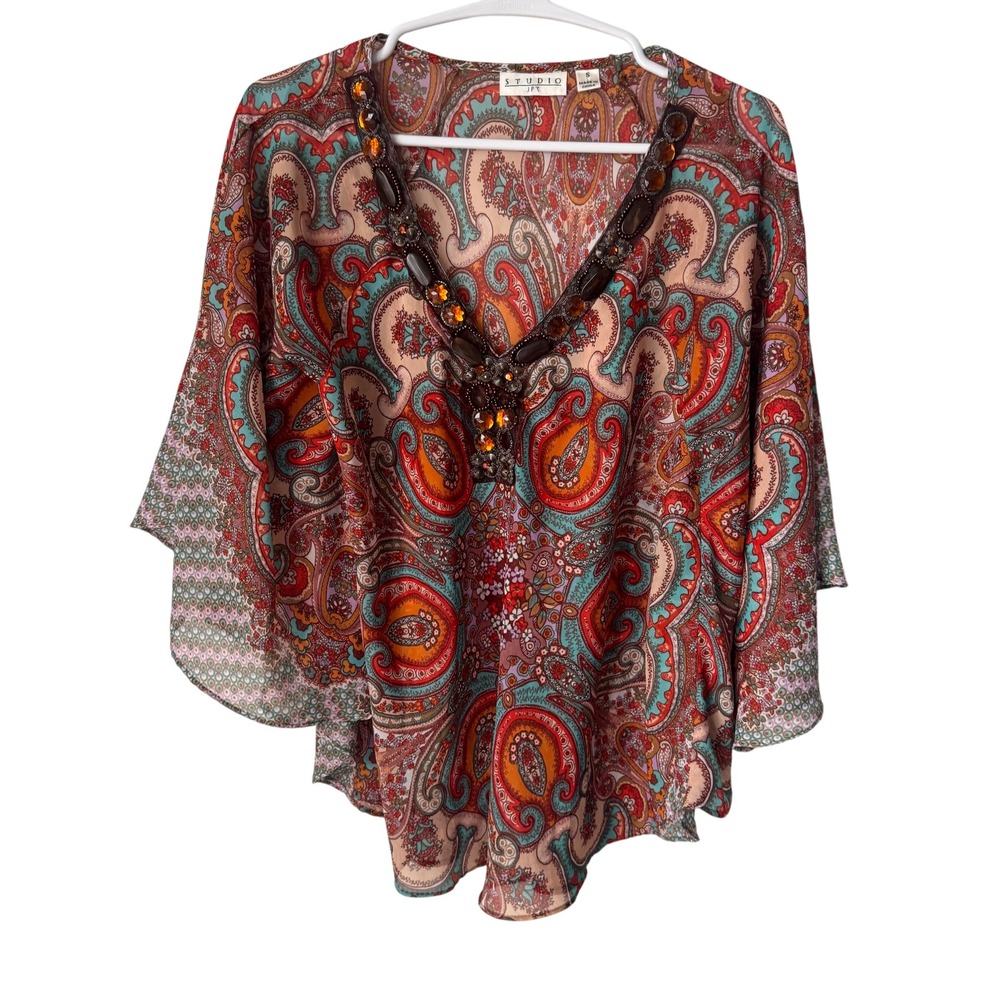 Studio JPR Womens Paisley Chiffon Blouse Beaded Embellished V-Neck Kimono Top S